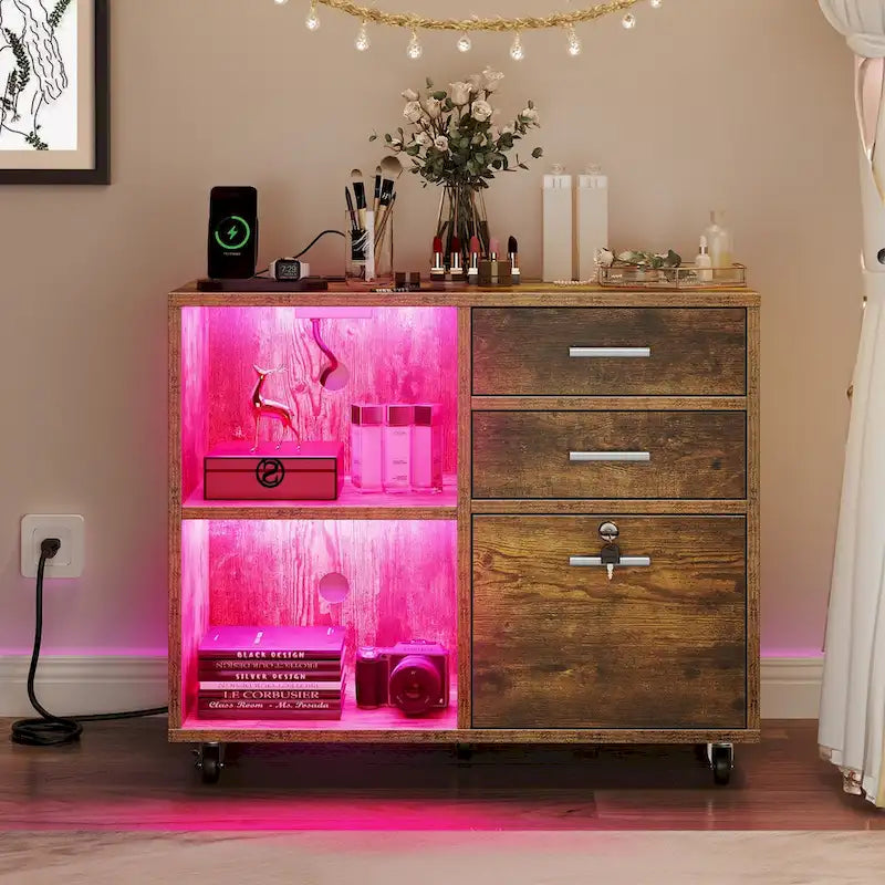 Moasis 3 Drawers Mobile LED Light Filing Cabinet with Charging Station Fit for A4/Letter Size