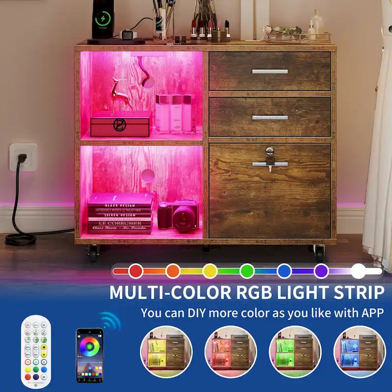 Moasis 3 Drawers Mobile LED Light Filing Cabinet with Charging Station Fit for A4/Letter Size