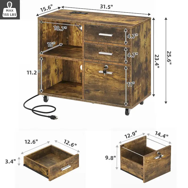 Moasis 3 Drawers Mobile LED Light Filing Cabinet with Charging Station Fit for A4/Letter Size