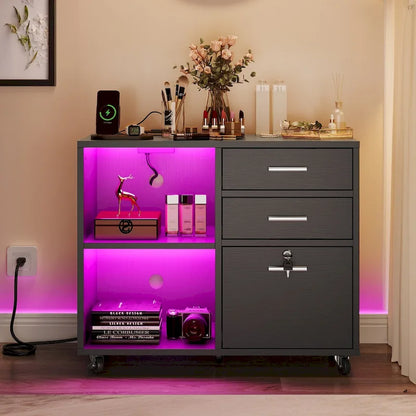 Moasis 3 Drawers Mobile LED Light Filing Cabinet with Charging Station Fit for A4/Letter Size