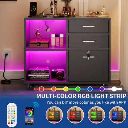 Moasis 3 Drawers Mobile LED Light Filing Cabinet with Charging Station Fit for A4/Letter Size