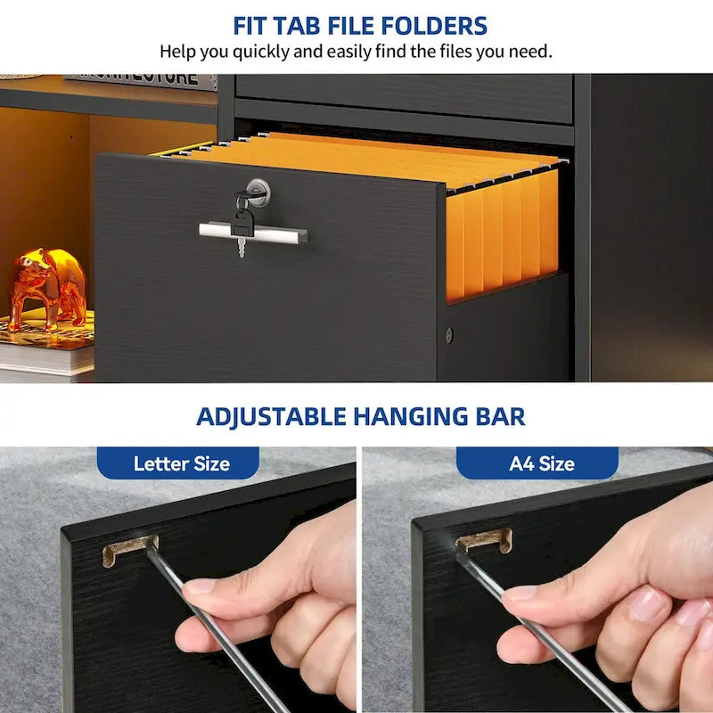 Moasis 3 Drawers Mobile LED Light Filing Cabinet with Charging Station Fit for A4/Letter Size