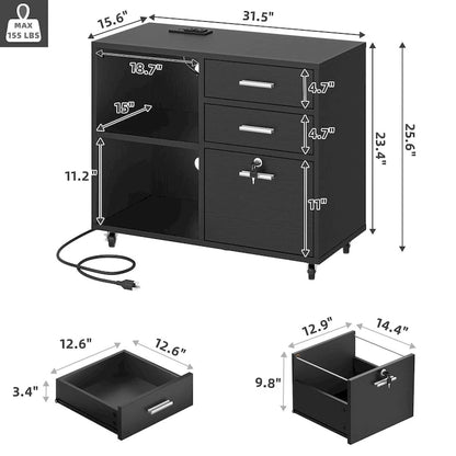 Moasis 3 Drawers Mobile LED Light Filing Cabinet with Charging Station Fit for A4/Letter Size
