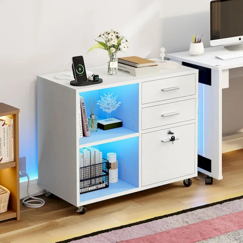 Moasis 3 Drawers Mobile LED Light Filing Cabinet with Charging Station Fit for A4/Letter Size
