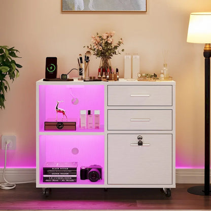 Moasis 3 Drawers Mobile LED Light Filing Cabinet with Charging Station Fit for A4/Letter Size