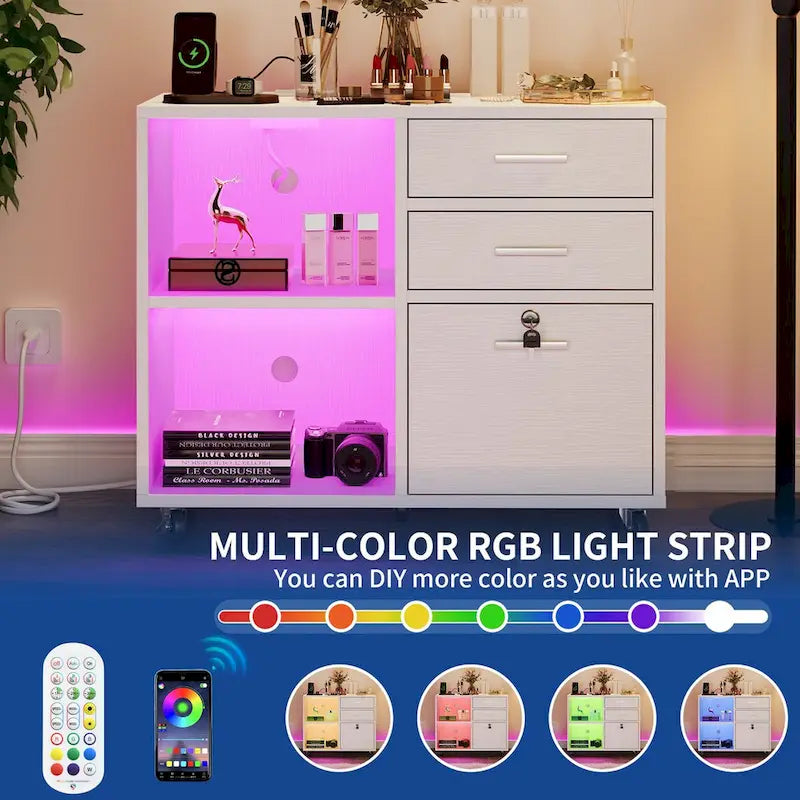 Moasis 3 Drawers Mobile LED Light Filing Cabinet with Charging Station Fit for A4/Letter Size