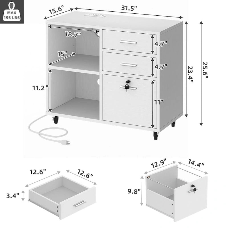 Moasis 3 Drawers Mobile LED Light Filing Cabinet with Charging Station Fit for A4/Letter Size