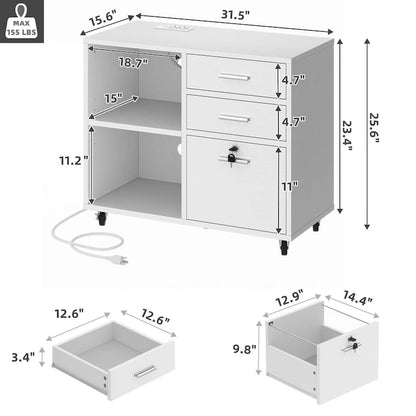 Moasis 3 Drawers Mobile LED Light Filing Cabinet with Charging Station Fit for A4/Letter Size
