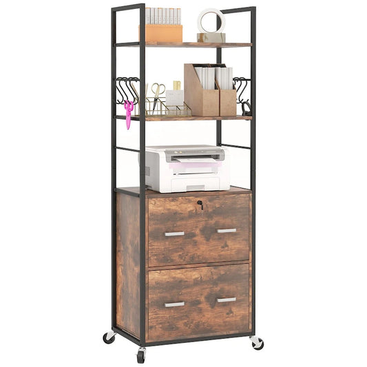 2 Drawer Mobile File Cabinet with Lock & Hanging Bar, Rustic Brown