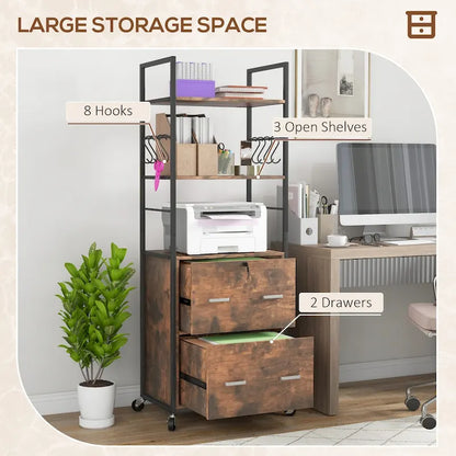 2 Drawer Mobile File Cabinet with Lock & Hanging Bar, Rustic Brown