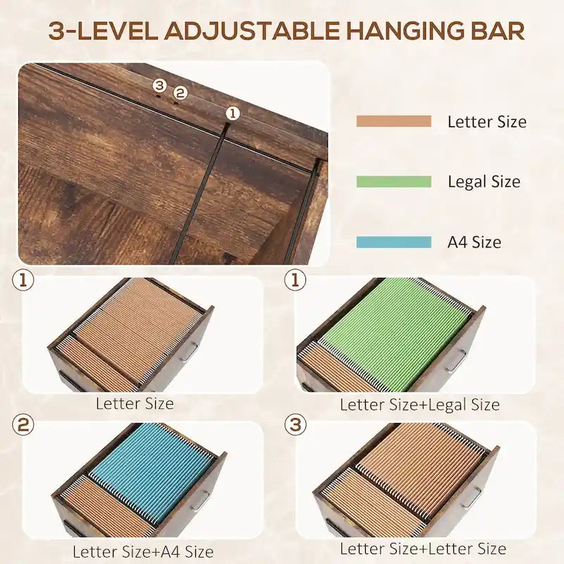 2 Drawer Mobile File Cabinet with Lock & Hanging Bar, Rustic Brown