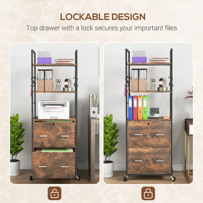 2 Drawer Mobile File Cabinet with Lock & Hanging Bar, Rustic Brown