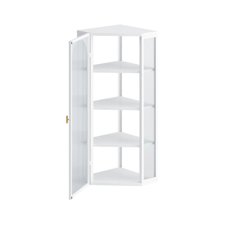 Roomfitters Glass Door Wall-Mounted Corner Cabinet with Four-Tier Storage - Ideal for Bedroom, Living Room, Bathroom, Kitchen