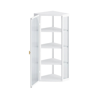 Roomfitters Glass Door Wall-Mounted Corner Cabinet with Four-Tier Storage - Ideal for Bedroom, Living Room, Bathroom, Kitchen