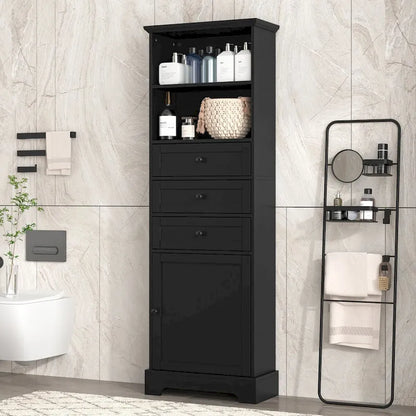 Black Tall Storage Cabinet with 3 Drawers and Adjustable Shelves for Bathroom,MDF Board with Painted Finish