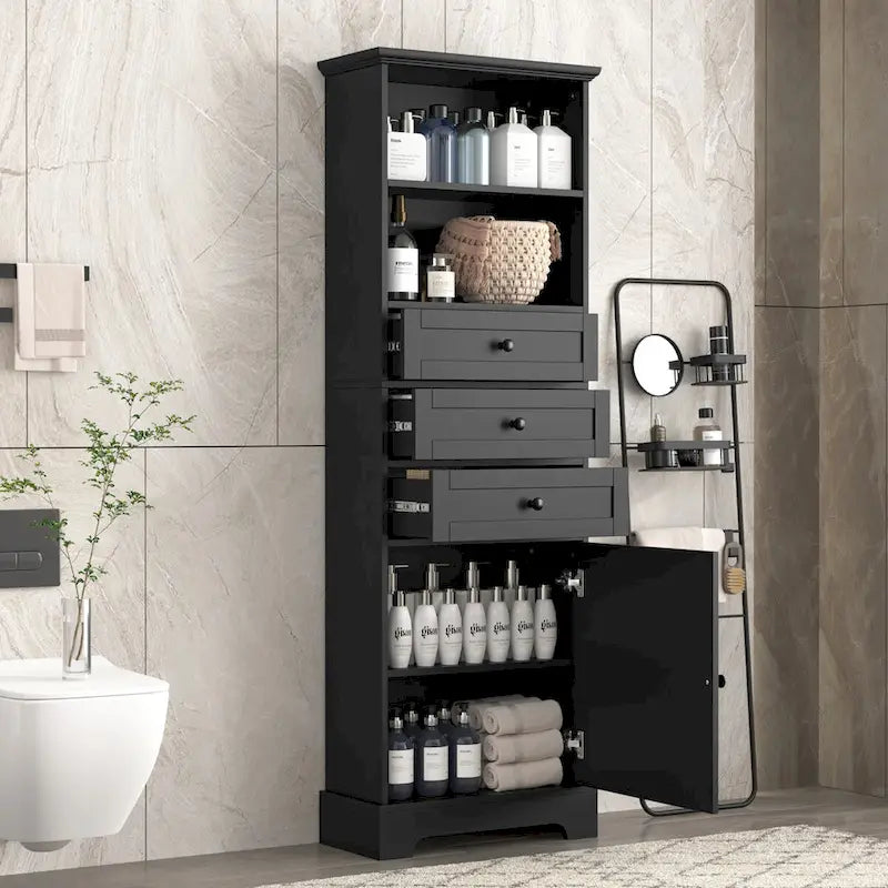 Black Tall Storage Cabinet with 3 Drawers and Adjustable Shelves for Bathroom,MDF Board with Painted Finish