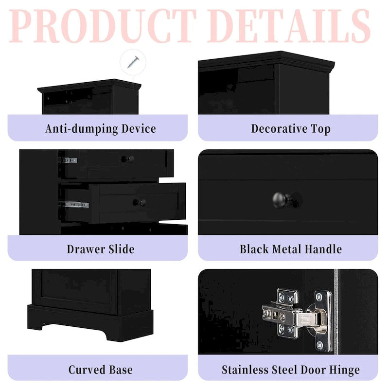 Black Tall Storage Cabinet with 3 Drawers and Adjustable Shelves for Bathroom,MDF Board with Painted Finish