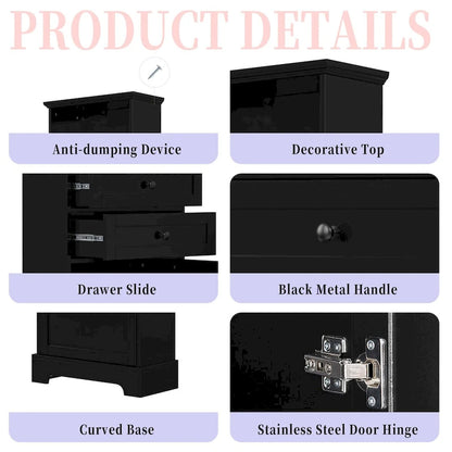 Black Tall Storage Cabinet with 3 Drawers and Adjustable Shelves for Bathroom,MDF Board with Painted Finish