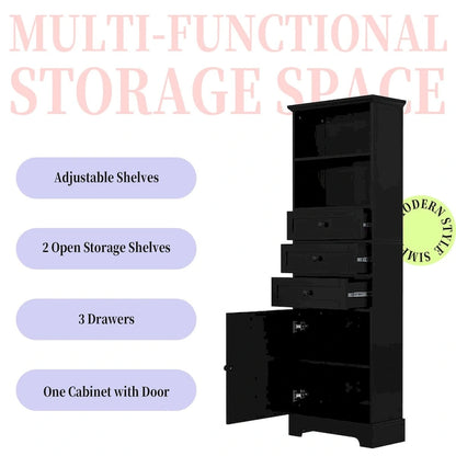 Black Tall Storage Cabinet with 3 Drawers and Adjustable Shelves for Bathroom,MDF Board with Painted Finish