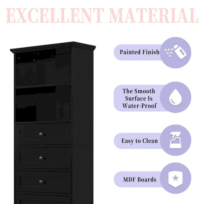 Black Tall Storage Cabinet with 3 Drawers and Adjustable Shelves for Bathroom,MDF Board with Painted Finish