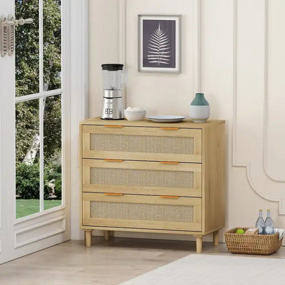Roomfitters 31.50 Oak Rattan 3-Drawer Storage Cabinet for Bedroom, Living Room, and Hallways