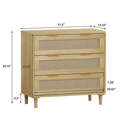 Roomfitters 31.50 Oak Rattan 3-Drawer Storage Cabinet for Bedroom, Living Room, and Hallways