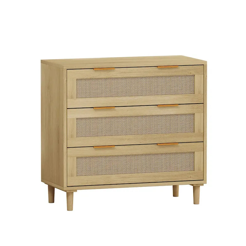 Roomfitters 31.50 Oak Rattan 3-Drawer Storage Cabinet for Bedroom, Living Room, and Hallways