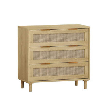 Roomfitters 31.50 Oak Rattan 3-Drawer Storage Cabinet for Bedroom, Living Room, and Hallways